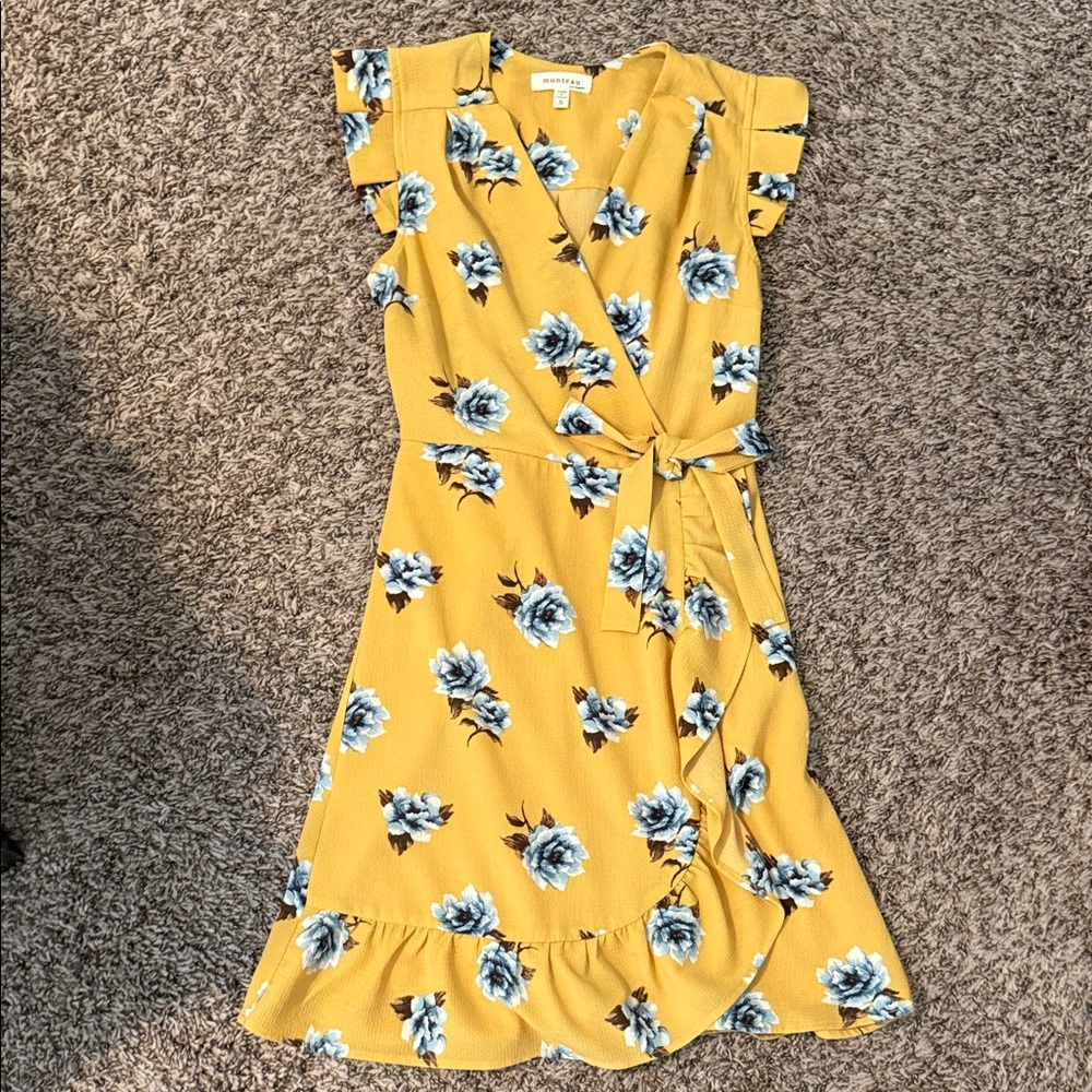 Monteau Mustard and Blue Floral Wrap Midi Dress